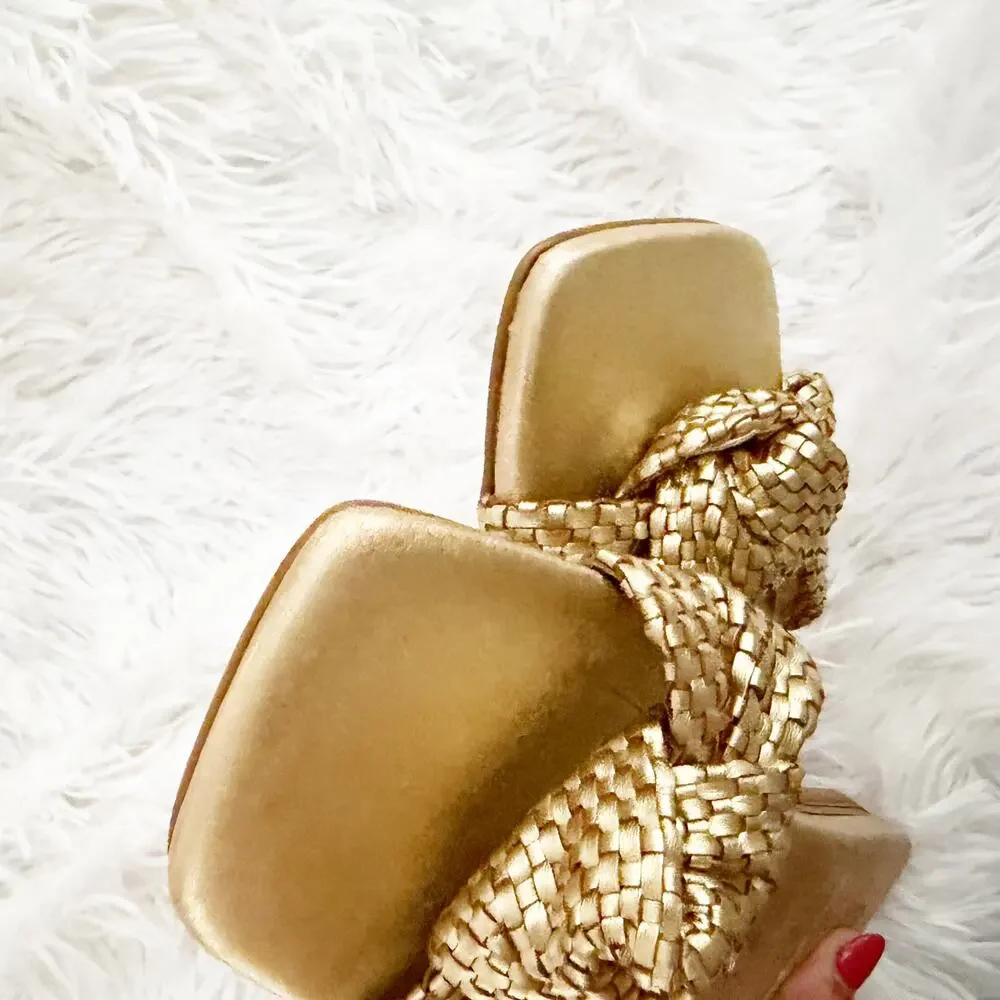 MARC FISHER |‎ Gold Woven Knot Slide Sandals Flat | Size 7.5